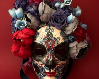 MADE TO ORDER . Blue Catrina. Catrina Mask with blue and red flowers. Day of the dead art. Dia de Muertos mask. Masquerade mask.