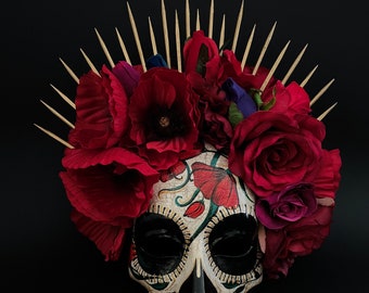 MADE TO ORDER . Catrina Mask with poppy flowers. Half face Catrina Mask. Day of the dead art. Carnival mask