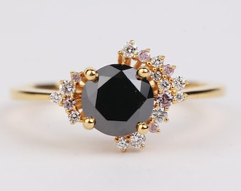 1.25 CT Natural Black Round Cut Diamond Engagement Ring | 14K White Gold Ring Engagement | Wedding Black Diamond Ring Gift For Her