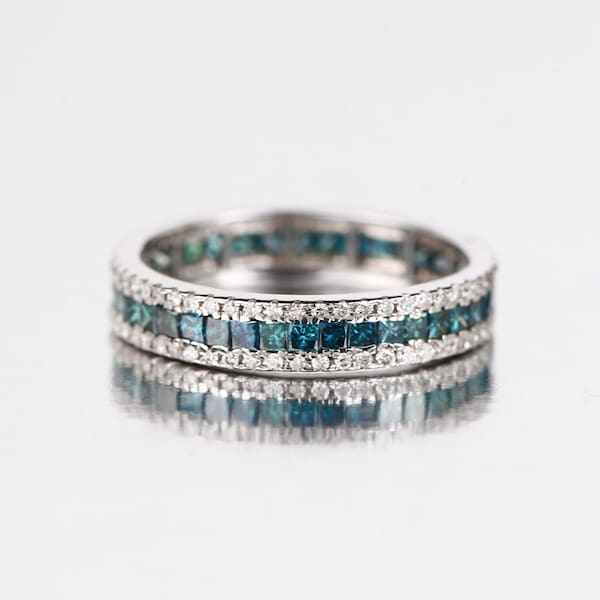 Blue Diamond Eternity Band, Princess Cut Channel Set Ring, 14K White Gold Wedding Band, White Princess Diamond Ring Anniversary Jewelry Gift