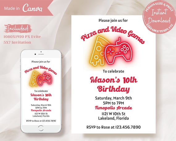 Pizza Party Invitation, Video Game Birthday Invite, Arcade Evite.