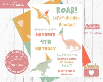 May include: A printable dinosaur-themed birthday invitation with a green, orange, and pink color scheme. The invitation says "Roar! Let's Party Like a Dinosaur" and includes the text "Hayden's 4th Birthday".