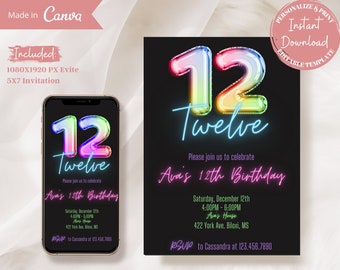 Könnte beinhalten: Eine digitale Einladung zu einer 12. Geburtstagsfeier. Die Einladung zeigt eine regenbogenfarbene Zahl 12 mit dem Wort "Twelve" in neongelber Schrift. Der Text "Ava's 12th Birthday" ist in pinker Neonschrift. Die Einladung enthält das Datum, die Uhrzeit und den Ort der Party. Der Text "RSVP to Cassandra at 123.456.7890" ist in lilafarbener Neonschrift.