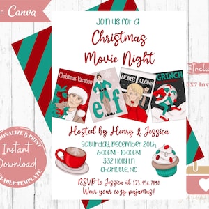 Editable Christmas Movie Night Invitation, Movie Night Party, Christmas Birthday, Movie Night Invite, Template, Digital Download, Instant