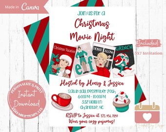 May include: A printable 5x7 invitation for a Christmas movie night. The invitation features a red and green color scheme with illustrations of popular Christmas movies, including Elf, Home Alone, and The Grinch. The text reads "Join us for a Christmas Movie Night" and includes the date, time, and location of the event. The invitation also includes the text "RSVP to Jessica at 123.456.7890" and "Wear your cozy pajamas!"