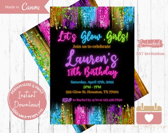 Könnte beinhalten: Eine neonrosa, grüne und blaue Glitzer-Geburtstagseinladung für eine 10. Geburtstagsparty. Die Einladung lautet "Let's Glow, Girls!" und "Lauren's 10th Birthday". Die Einladung enthält Datum, Uhrzeit, Adresse und RSVP-Informationen.