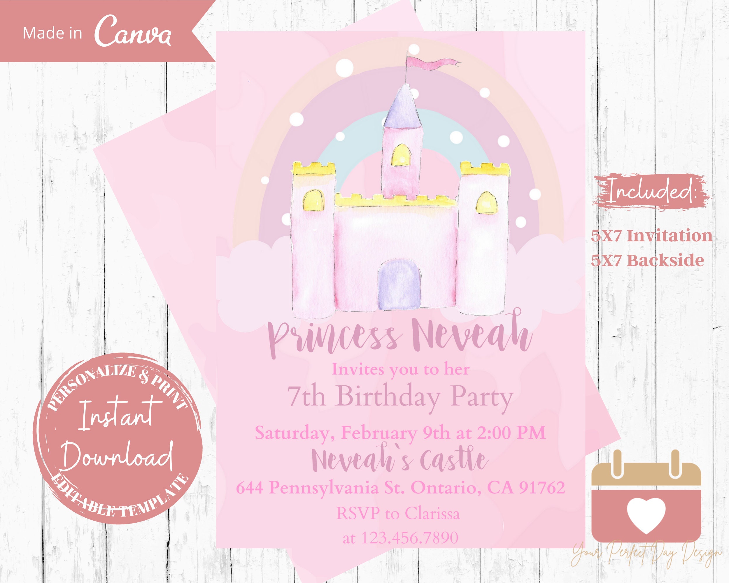 Princess Birthday Invitation, Princess Party Invite, Girl Birthday Invitation, Castle, Rainbow ...
