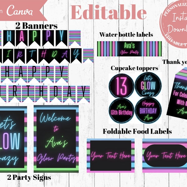 Glow In The Dark Party Bundle, Neon Birthday Party Supplies, Neon Party Decorations, Instant Download, Printable, Editable, Digital Download