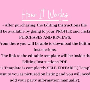 May include: Pink background with white text explaining how to download an editable template after purchasing. The text says "How It Works" and includes instructions on how to access the file and download the template.