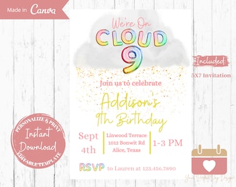Cloud Nine 9th Birthday Invitation: Rainbow Balloons (Digital Download)