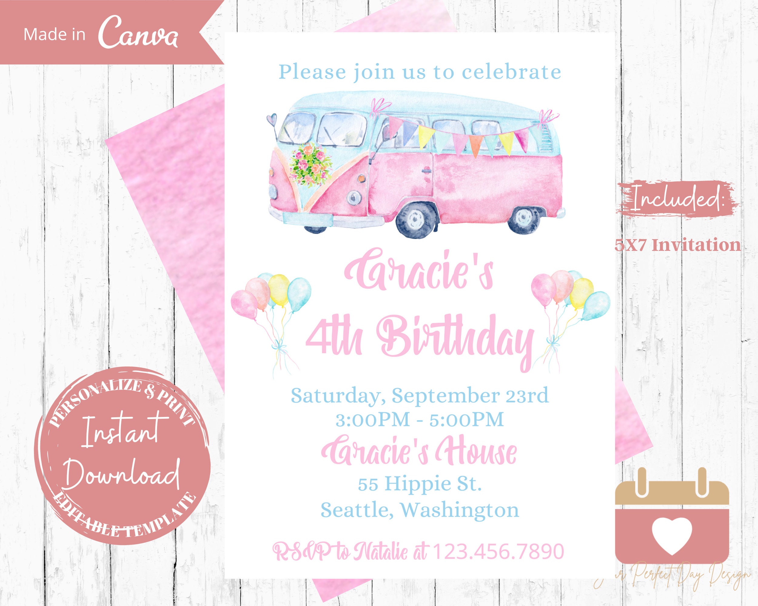 Editable Hippie Birthday Invitation Hippie Van Invite Peace Love Party Invite Bridal Shower Girl Birthday Any Age 70s