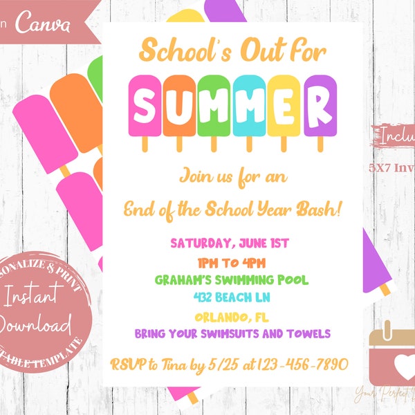 Editable End of School Year Bash, Last Day of School Party Invitation, Summer Party Theme, Pool Party Invite, Digital Download, Printable