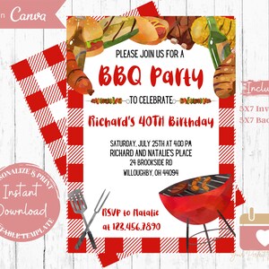 May include: A red and white checkered background with a BBQ party invitation. The invitation features a watercolor illustration of a grill, food, and drinks. The text reads "Please join us for a BBQ Party to celebrate Richard's 40th Birthday". The invitation includes the date, time, location, and RSVP information. The invitation also includes a note that it is a 5x7 invitation with a 5x7 backside.