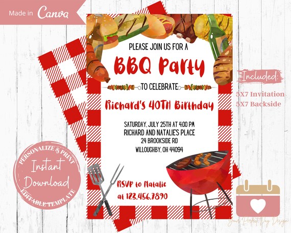 BBQ Birthday Invitation: Summer Party, Family Reunion (Digital Download)