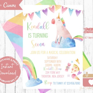 Rainbow Unicorn Birthday Invitation, Unicorn Party Invite, Magical Birthday Invitations, Pastel Rainbow Party, Digital Download, Printable