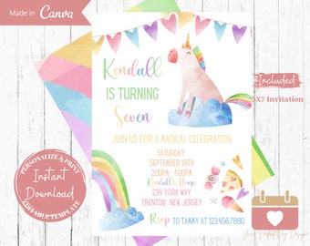 Rainbow Unicorn Birthday Invitation, Unicorn Party Invite, Magical Birthday Invitations, Pastel Rainbow Party, Digital Download, Printable