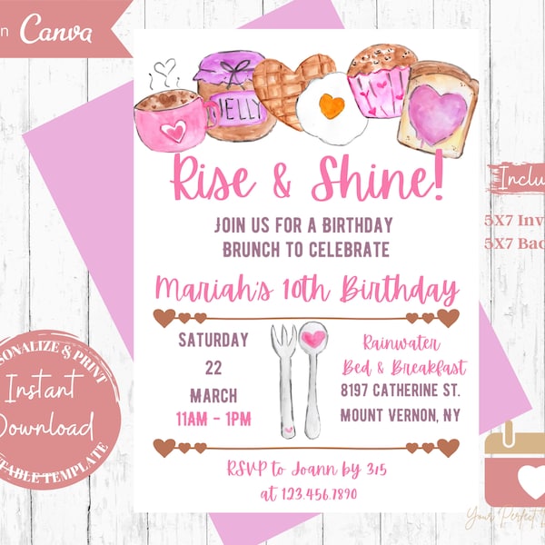 Birthday Breakfast Invitation, Birthday Brunch Invite, Breakfast Invitation Girl, Instant Download, Digital, Printable Template, Editable