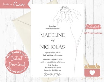 Botanical Wedding Invitations, Modern Minimalist Wedding Invites, Elegant Wedding Invitation Template, Printable, Editable, Digital Download