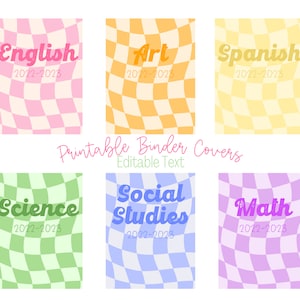 Printable Binder Covers, Editable Study Planner Cover, Retro Pastel, Checkered, Teacher Binder, School Subjects, Digital Download, Instant