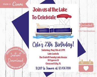 May include: A blue and red lake house party invitation with a cartoon illustration of a pontoon boat on the water. The text reads "Join us at the Lake to Celebrate Cole's 25th Birthday!" with details about the party, including the date, time, location, and RSVP information.