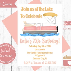 Pink Boat Lake Birthday Invitation: Bachelorette, Summer Party (Digital Download)