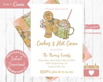 May include: A printable invitation for a Cookies & Hot Cocoa party. The invitation features a gingerbread man and a cup of hot cocoa with marshmallows. The text on the invitation reads "Please join us for Cookies & Hot Cocoa Hosted by The Thomas Family Saturday, December 9th at 3PM 940 Gingersnap Ln Gainesville, Ga RSVP to Jenn at 123.456.7890 Included: 3X7 Invitation"