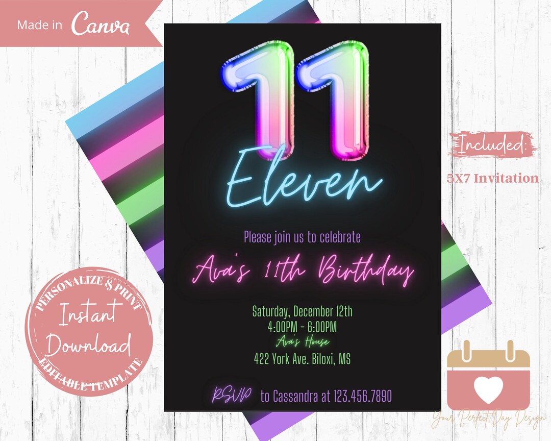 Neon 11th Birthday Invitation, Glow Party Invite, Eleventh Birthday for ...