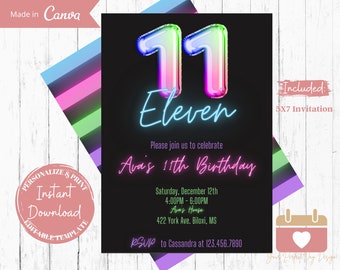 Neon Glow 11th Birthday Invitation: Editable Party Invite (Digital Download)