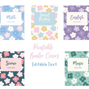 Puede incluir: Carátulas de carpeta imprimibles con un patrón floral en azul, rosa, morado, verde y negro. Las carátulas tienen texto editable con las asignaturas: Matemáticas, Estudios Sociales, Inglés, Ciencias y Música. El texto también incluye el año 2024-2025.