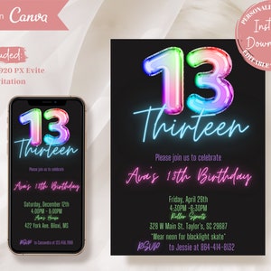 Neon 13. Geburtstagseinladung, Glow Party Evite, Thirteenth B Day, für Mädchen, digitaler Download, bearbeitbar, sofortiger Download, einladen, E einladen