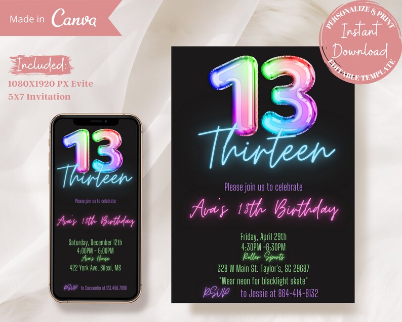 Neon 13th Birthday Invitation Glow Party Evite Thirteenth B Day For Girls Digital Download Editable Instant Download Invite E