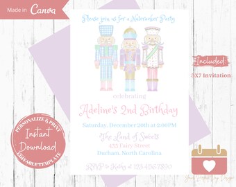 May include: A pink and blue printable invitation for a Nutcracker themed birthday party. The invitation features three nutcracker illustrations and the text "Please join us for a Nutcracker Party celebrating Adeline's 2nd Birthday".