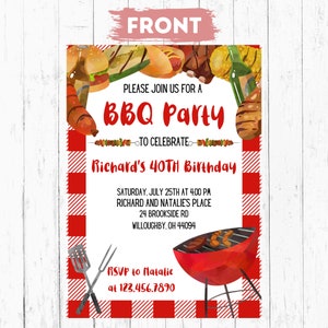 May include: Red and white checkered background with a white invitation for a BBQ party to celebrate Richard's 40th birthday. The invitation includes details about the party, including the date, time, location, and RSVP information.