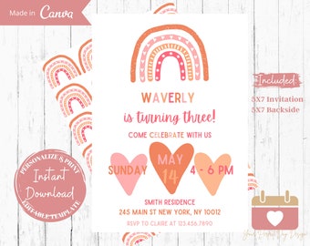 Boho Rainbow Birthday Invitation Template (Digital Download)