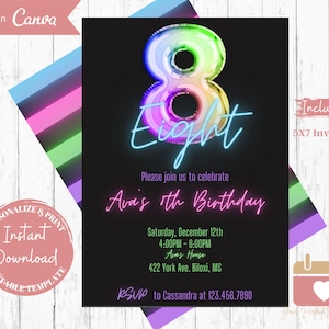 Neon 8th Birthday Invitation: Glow Party, Editable Template (Digital Download)