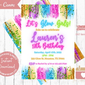 Glow Birthday Invitation, Neon Party Invite, Let&#39;s Glow Girls!, For Girls, For Teenager, Neon Themed, Adult, Digital Download, Printable