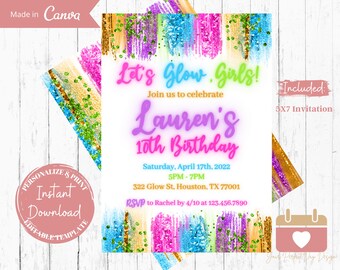 Neon Glow Birthday Invitation: Girls, Teens, Adults (Digital Download)