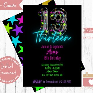 Neon Stars 13th Birthday Invitation, Glow Party Evite, Thirteenth B Day, For Girls, Digital Download, Editable, Instant Download, Invite