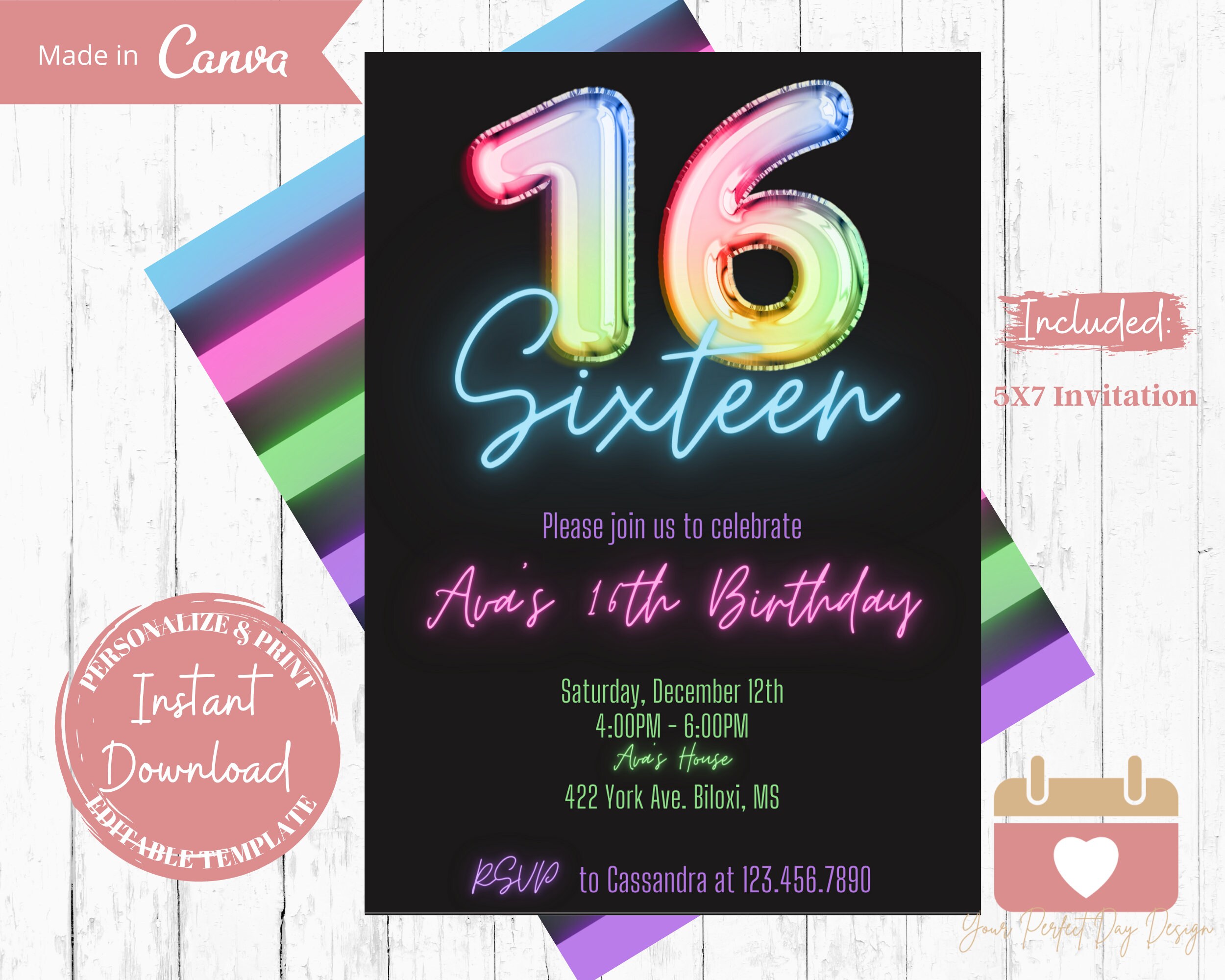 Neon 16th Birthday Invitation Glow Party Invite Sixteenth Birthday For Girls Digital Download Editable Printable Instant