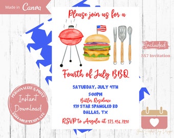 4th of July BBQ Invitation: Summer Cookout, Editable Template (Digital Download)