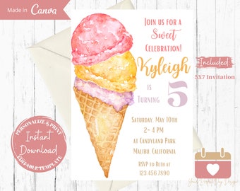 Ice Cream Birthday Invitation: Sweet Celebration, Editable Template (Digital Download)