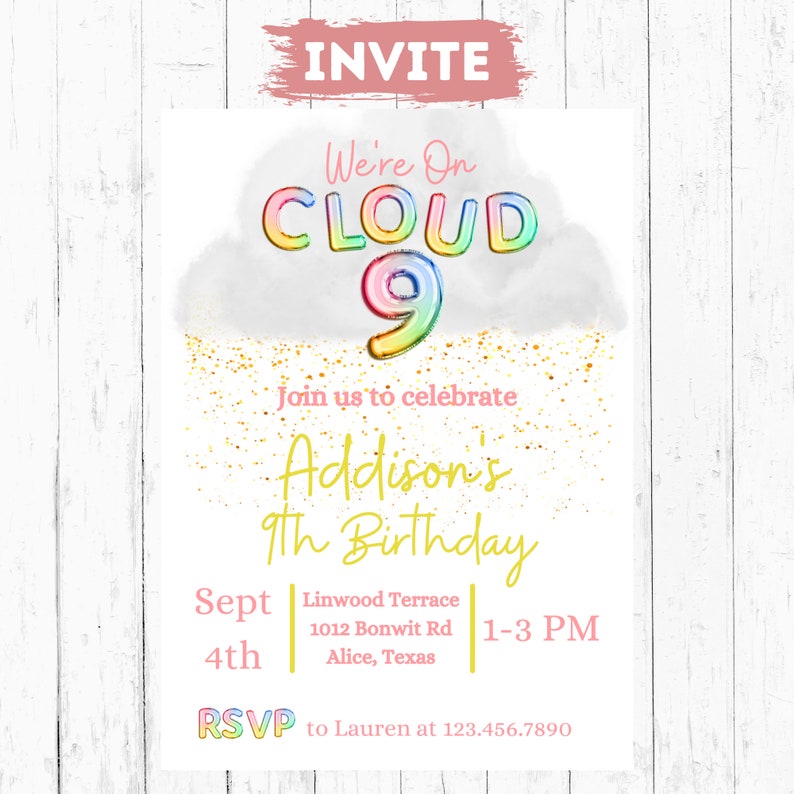Cloud Nine Birthday Invitation Cloud 9 Party Invite Rainbow Etsy