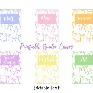 Printable Binder Covers & Spines, Editable Study Planner Cover, Pastel template, Bows, Teacher Binder, School Subjects, Digital Download