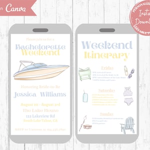 Bachelorette Party Invitation, Bachelorette Weekend Invite, Weekend Itinerary, Lake Party, Mobile Evite, Digital Download, Editable