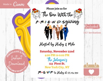 May include: A printable invitation for a Friendsgiving party. The invitation features a purple and yellow background with a cartoon image of the iconic orange couch from the TV show Friends. The text on the invitation reads "Please join us for The One With the FRIENDSgiving" and includes details about the event, such as the date, time, and location. The invitation also includes a cartoon image of a turkey wearing a Santa hat.