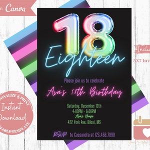 Neon 18th Birthday Invitation, Glow Party Invite, Eighteenth Birthday For Girls, Digital Download, Editable, Printable, Instant Download