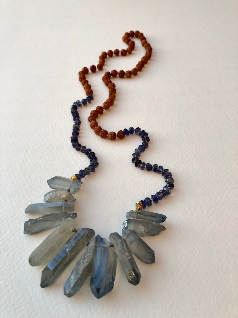 30 quartz teeth knotted and rudraksha hand beaded statement necklace tanzanite