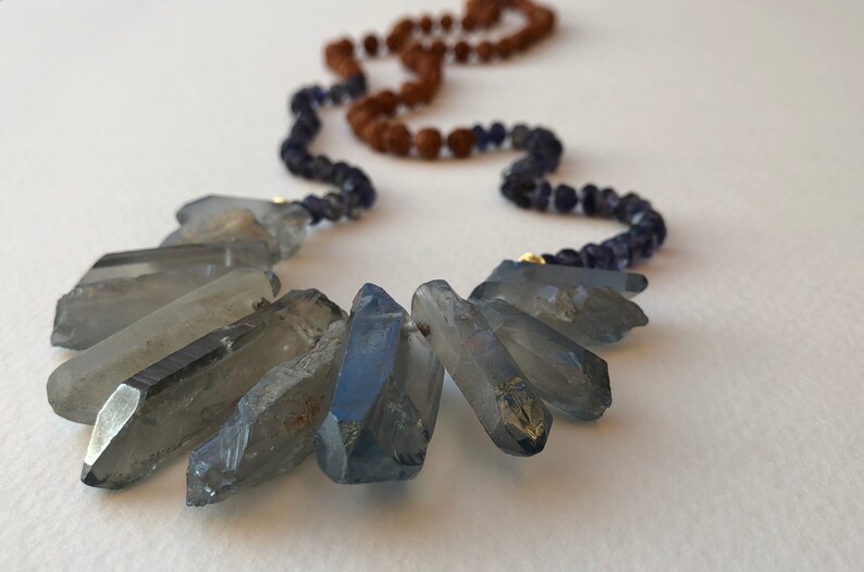 30 quartz teeth knotted and rudraksha hand beaded statement necklace tanzanite