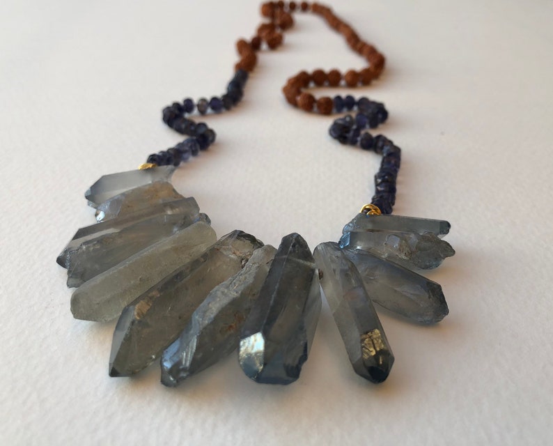 30 quartz teeth knotted and rudraksha hand beaded statement necklace tanzanite