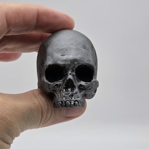 May include: A small, black, detailed skull sculpture.